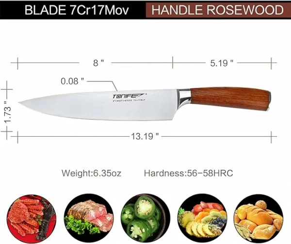 TONIFE TSK2001 8-Inch Chef Knife with 7Cr17MoV High Carbon Stainless Steel Kitchen Knife with Natural Rosewood Handle