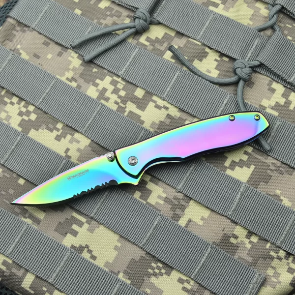 Boker Magnum Rainbow II Frame Lock Folding Knife with Half-serrated Blade for Camping, Hiking and Outdoor Survival