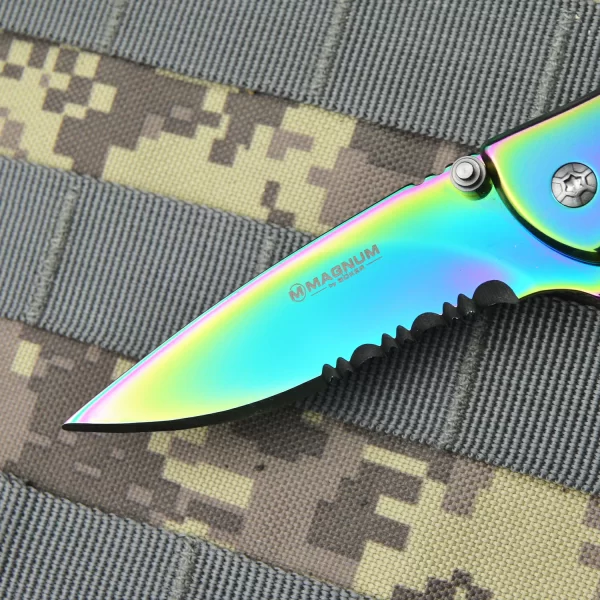 Boker Magnum Rainbow II Frame Lock Folding Knife with Half-serrated Blade for Camping, Hiking and Outdoor Survival
